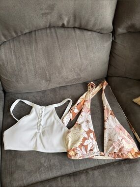 White Ribbed Button-Front Bikini Top & Floral Triangle Bikini Top